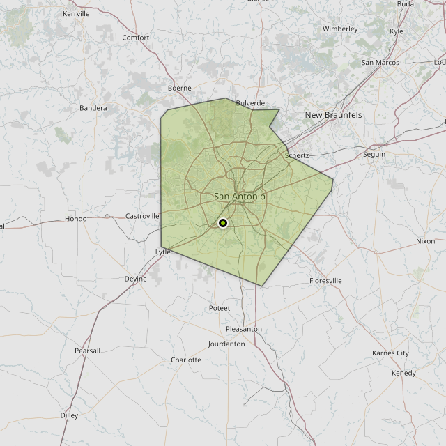 Map showing Bexar County around San Antonio, TX