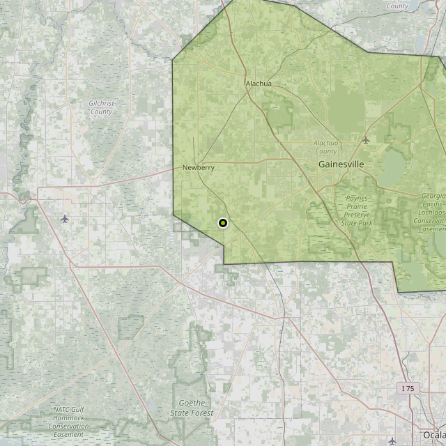 Map showing Alachua County around Archer, FL