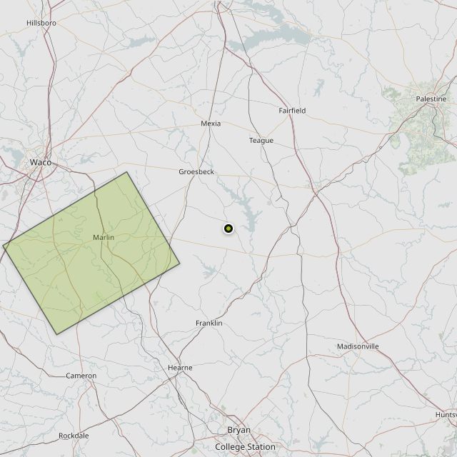 Map showing Falls County around Thornton, TX