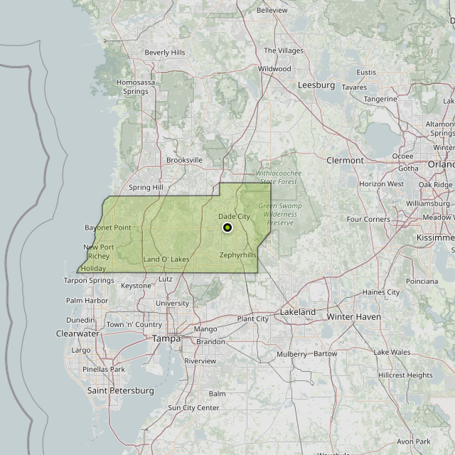Map showing Pasco County around Dade City, FL