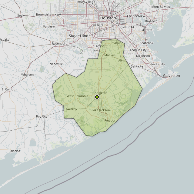 Map showing Brazoria County around Angleton, TX