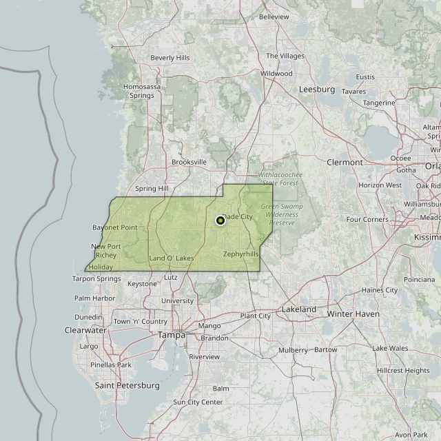 Map showing Pasco County around San Antonio, FL