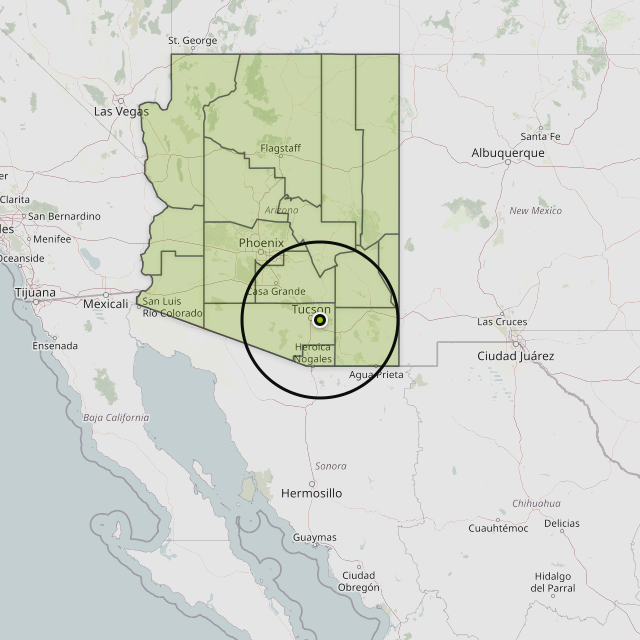 Map showing the 15 counties around Tucson, AZ