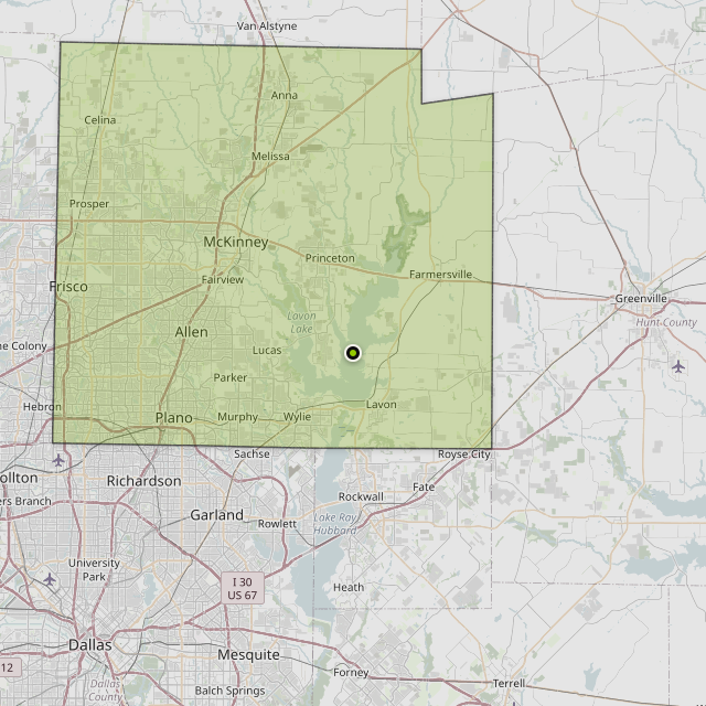 Map showing Collin County around Lavon, TX