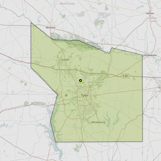 Map showing Smith County around Tyler, TX