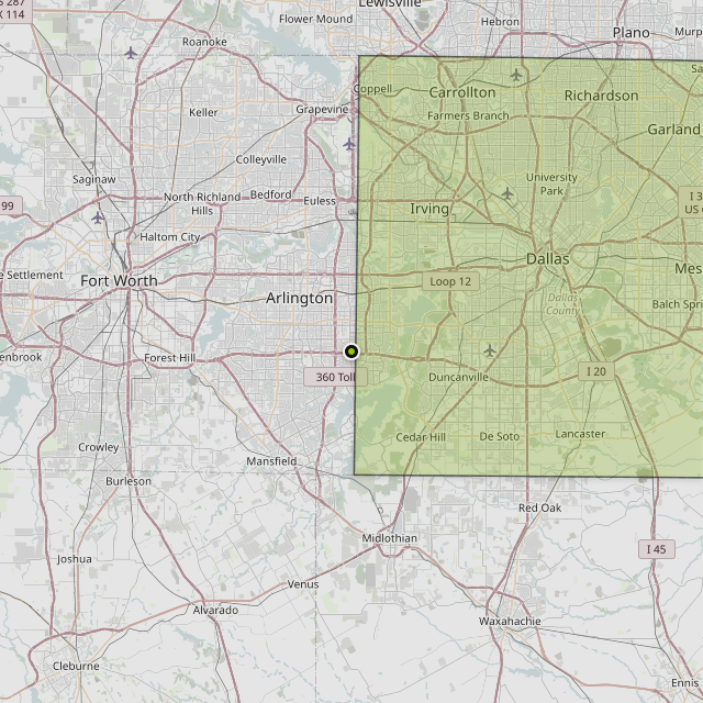 Map showing Dallas County around Grand Prairie, TX