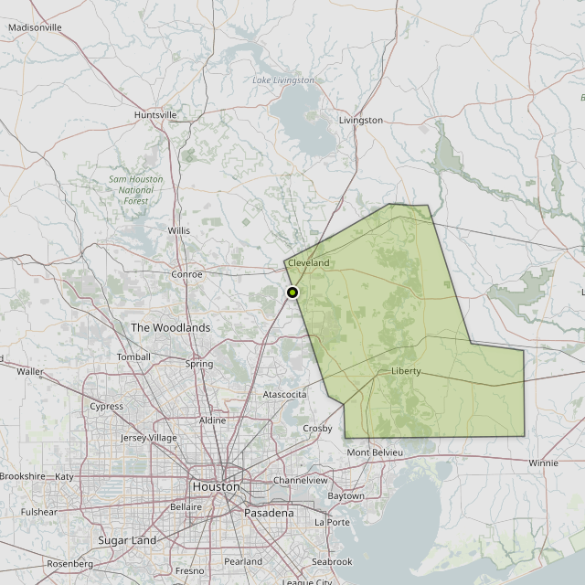 Map showing Liberty County around Cleveland, TX