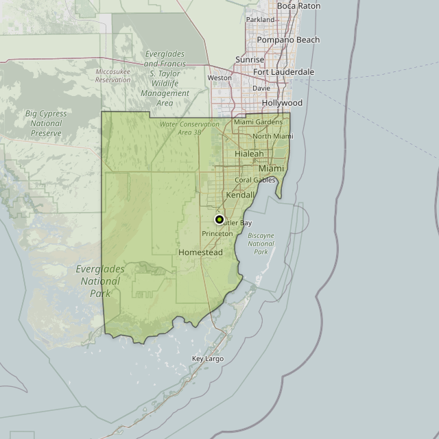 Map showing Miami-Dade County around Miami, FL