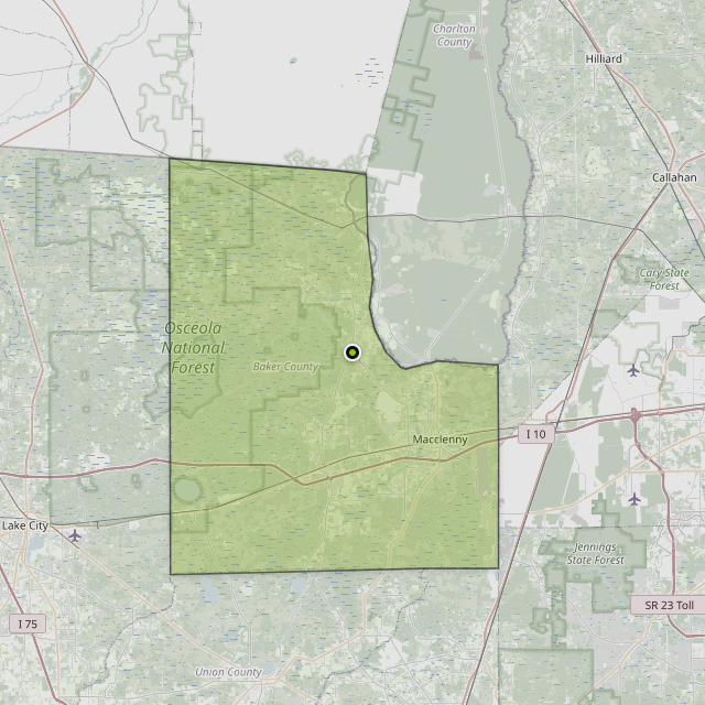 Map showing Baker County around Glen St Mary, FL
