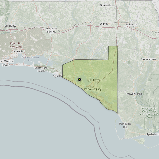 Map showing Bay County around Panama City Beach, FL