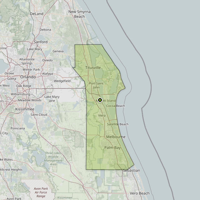 Map showing Brevard County around Cocoa, FL