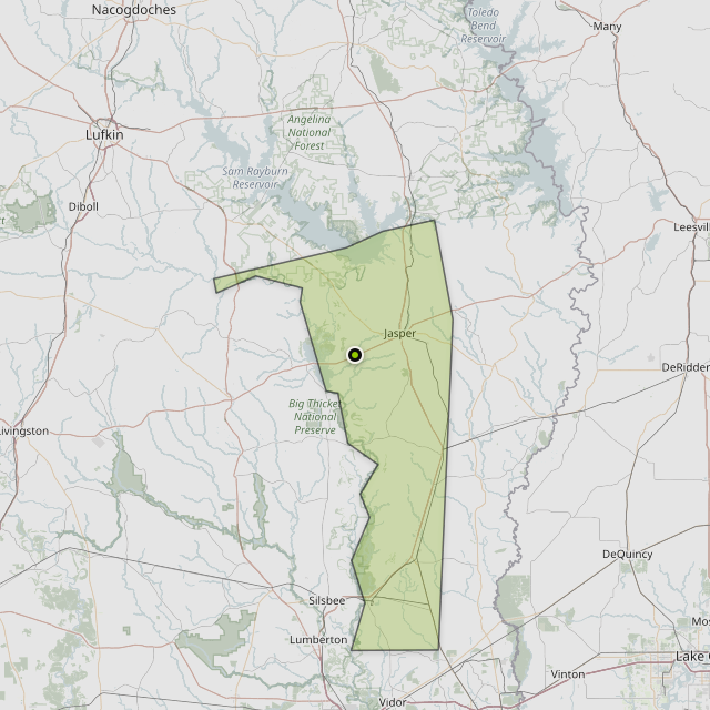 Map showing Jasper County around Jasper, TX