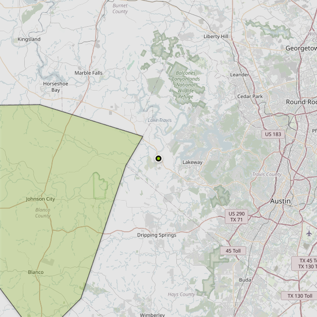 Map showing Blanco County around Spicewood, TX