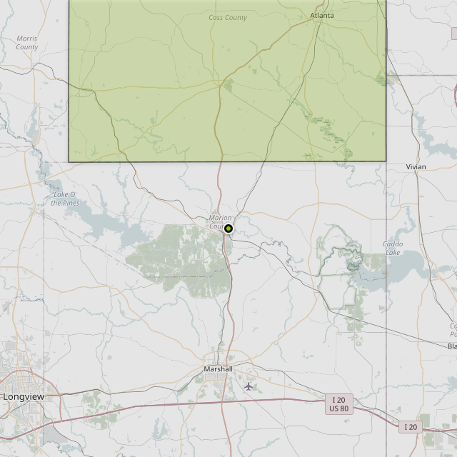 Map showing Cass County around Jefferson, TX