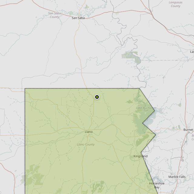 Map showing Llano County around Llano, TX