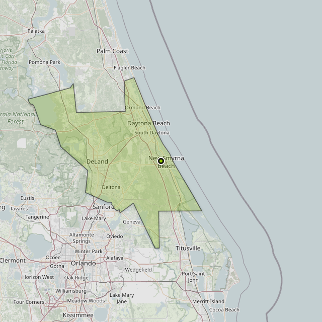 Map showing Volusia County around New Smyrna Beach, FL