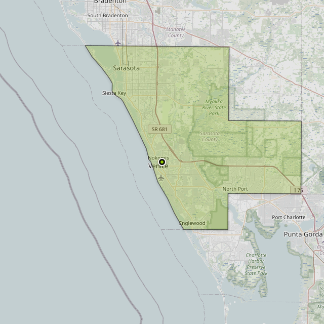 Map showing Sarasota County around Venice, FL