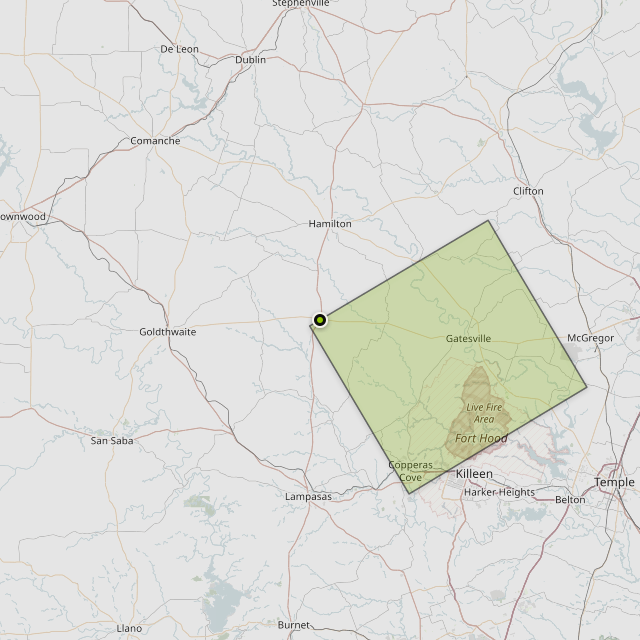 Map showing Coryell County around Evant, TX