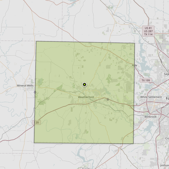 Map showing Parker County around Weatherford, TX