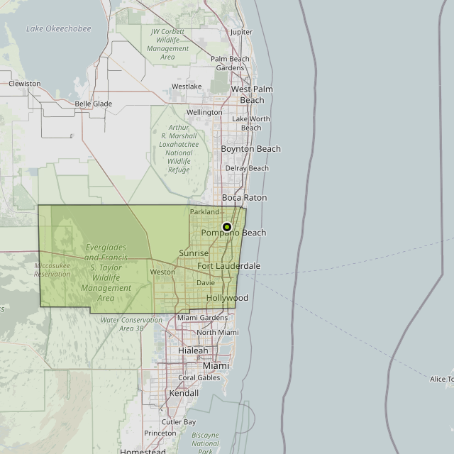 Map showing Broward County around Pompano Beach, FL