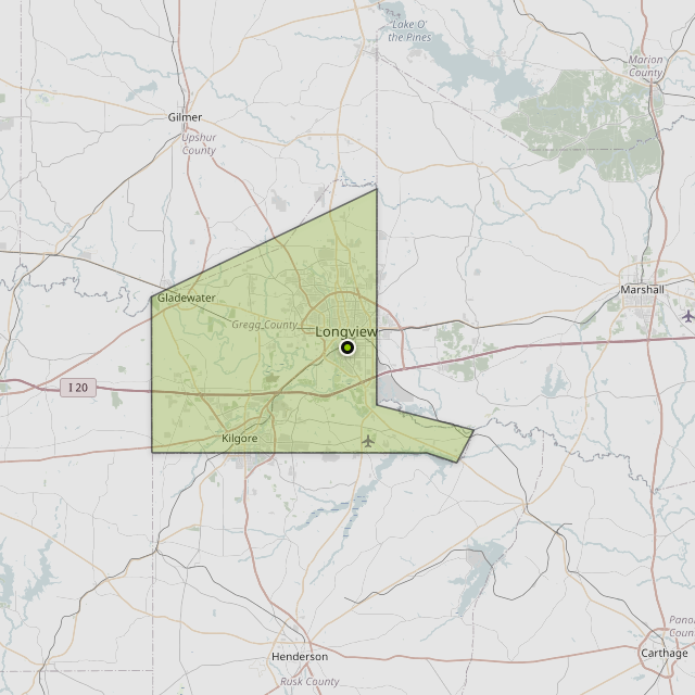 Map showing Gregg County around Longview, TX