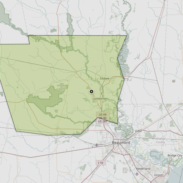 Map showing Hardin County around Kountze, TX