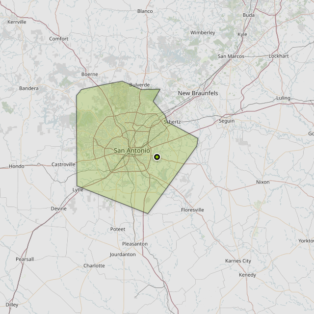 Map showing Bexar County around San Antonio, TX
