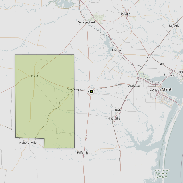 Map showing Duval County around Alice, TX