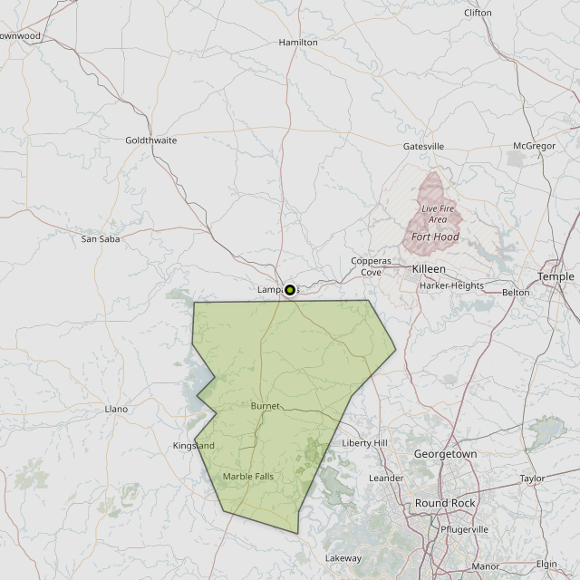 Map showing Burnet County around Lampasas, TX