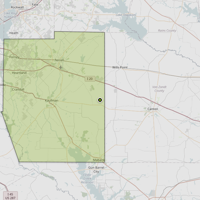 Map showing Kaufman County around Wills Point, TX