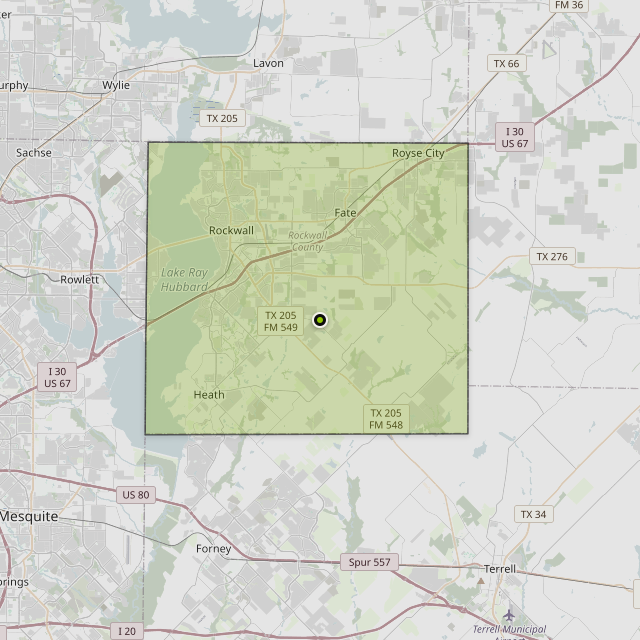 Map showing Rockwall County around Rockwall, TX