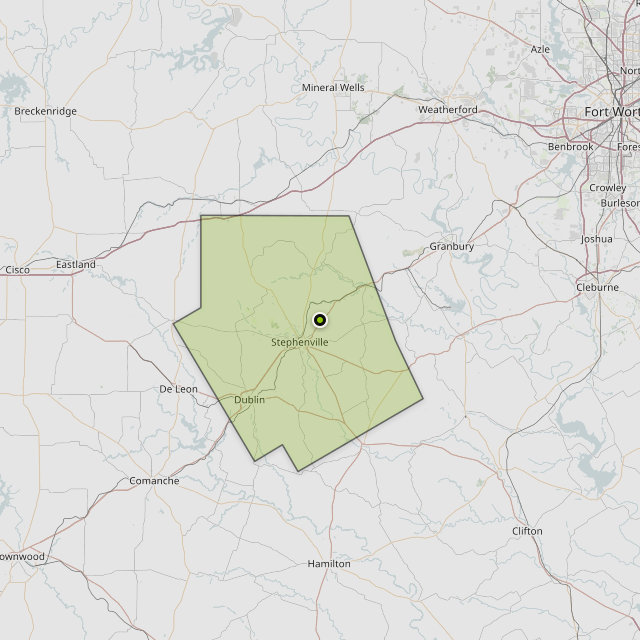 Map showing Erath County around Stephenville, TX