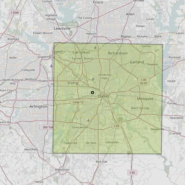 Map showing Dallas County around Dallas, TX
