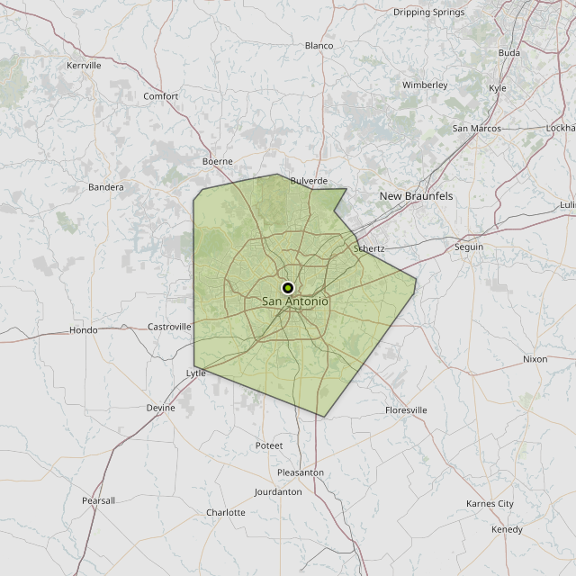 Map showing Bexar County around San Antonio, TX