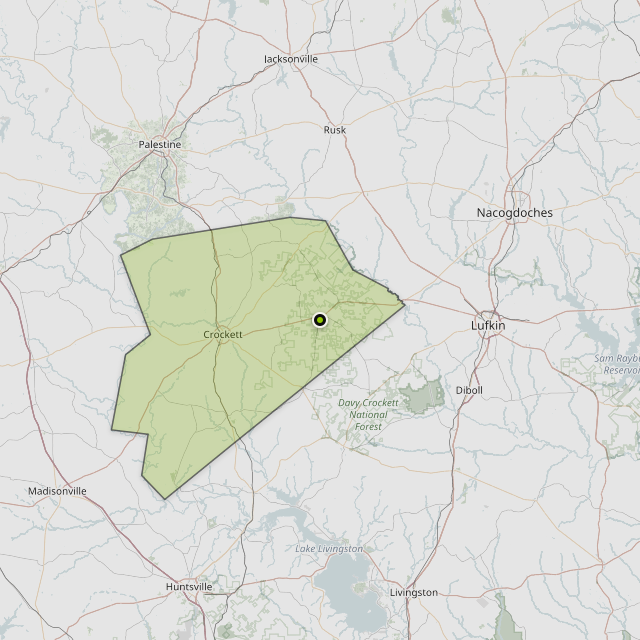 Map showing Houston County around Hickory Creek, TX