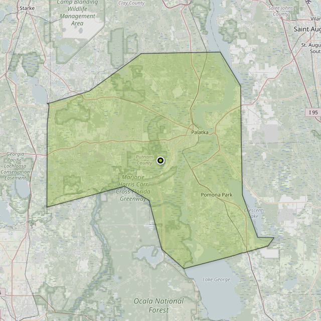 Map showing Putnam County around Palatka, FL