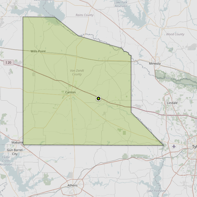 Map showing Van Zandt County around Canton, TX