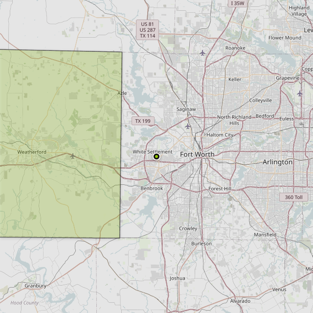 Map showing Parker County around Fort Worth, TX