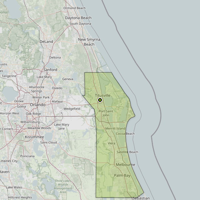 Map showing Brevard County around Titusville, FL