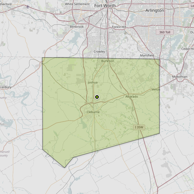 Map showing Johnson County around Cleburne, TX