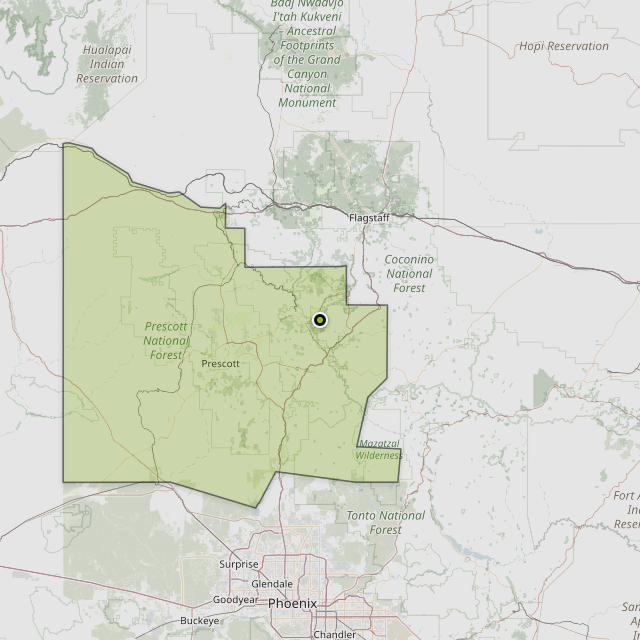 Map showing Yavapai County around Cornville, AZ