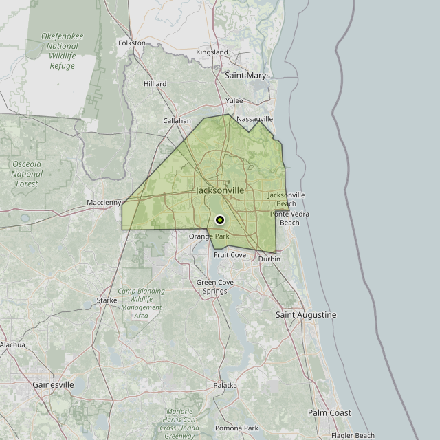 Map showing Duval County around Jacksonville, FL