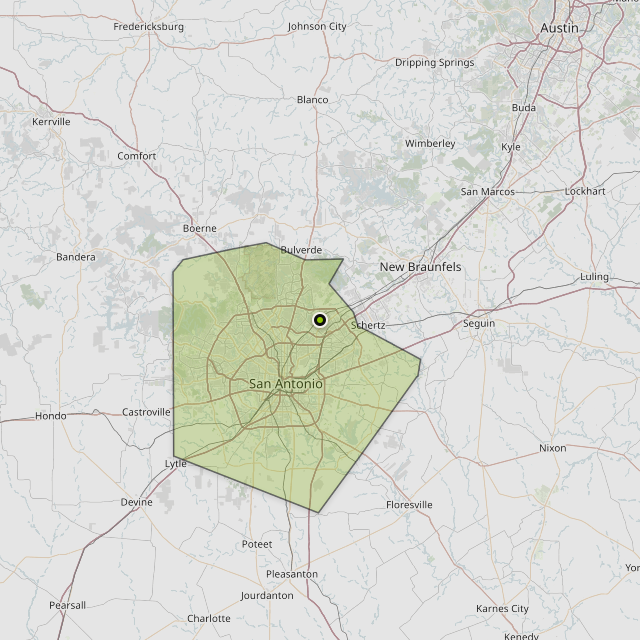 Map showing Bexar County around San Antonio, TX