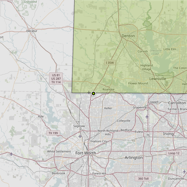 Map showing Denton County around Roanoke, TX