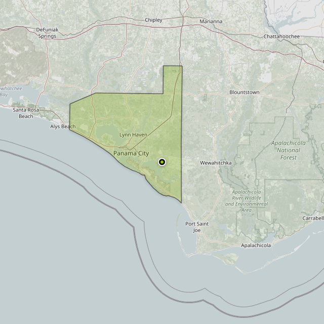 Map showing Bay County around Panama City, FL