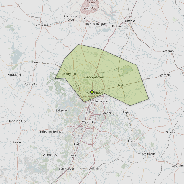 Map showing Williamson County around Round Rock, TX