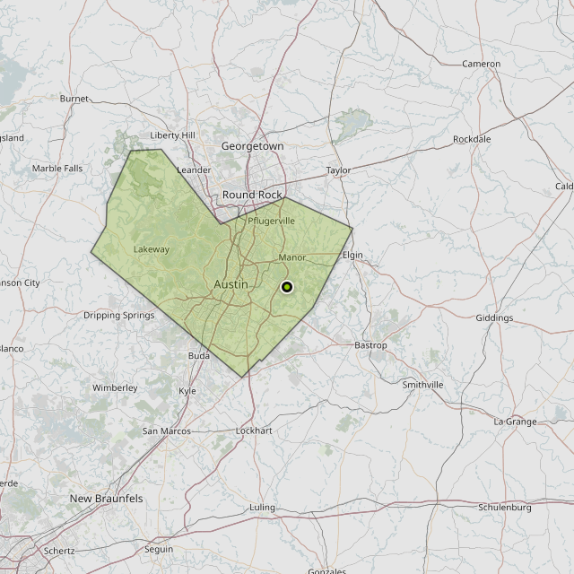 Map showing Travis County around Hornsby Bend, TX