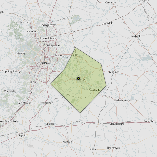 Map showing Bastrop County around Bastrop, TX