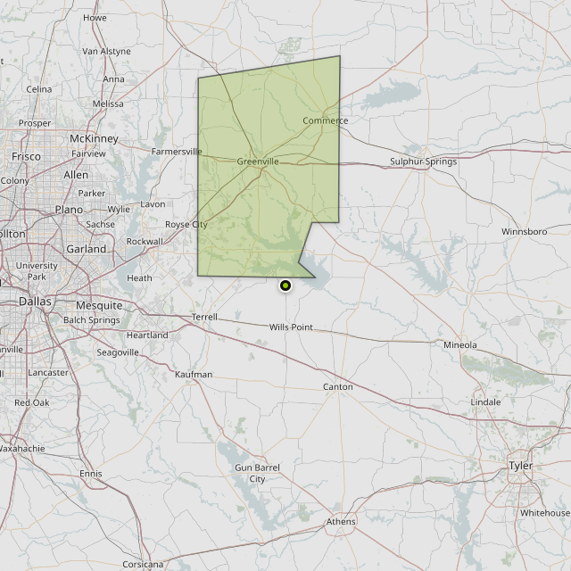 Map showing Hunt County around Wills Point, TX