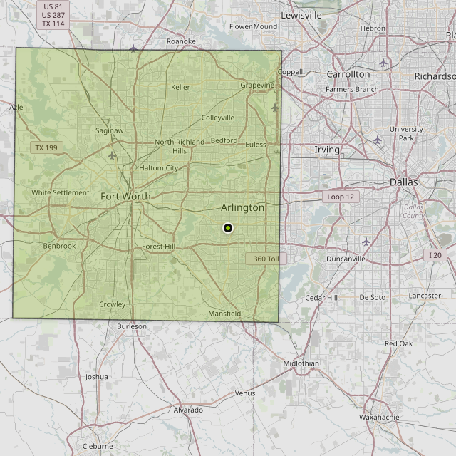 Map showing Tarrant County around Arlington, TX